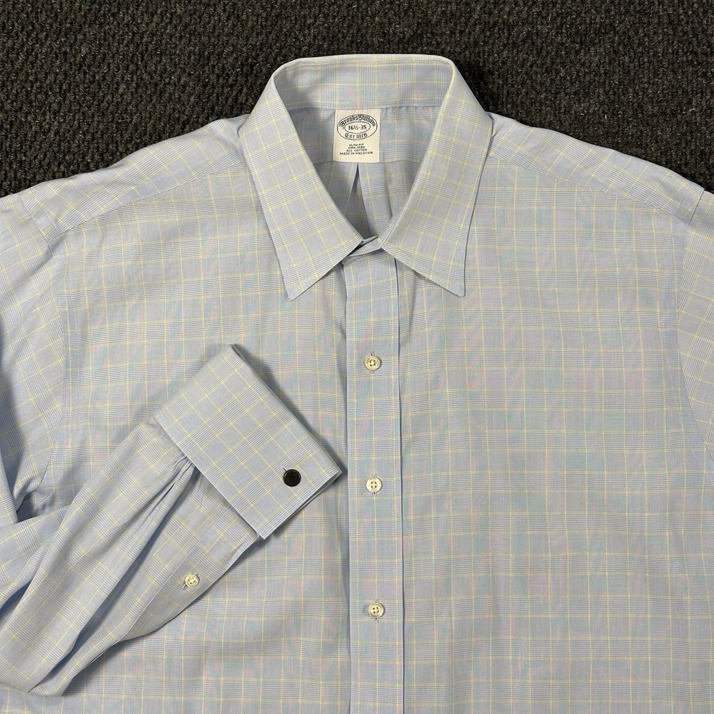 Brooks Brothers Men's Dress Shirt 16.5 35 Slim Fit Blue Windowpane French Cuff